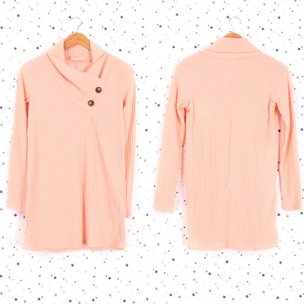 Cowl Neck Button Detail Ribbed Sweater Knit Peach, Light Coral
